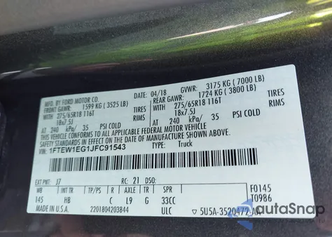 2018 Ford F-150 Lariat из США, поврежденный, VIN 1FTEW1EG1JFC91543